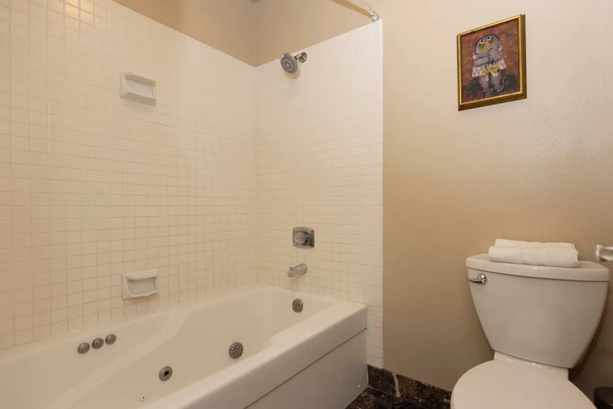 A contemporary bathroom with a jacuzzi tub, toilet, and framed artwork. The inviting setup is ideal for soothing sore muscles after skiing, with a relaxing ambiance enhanced by the tub and decor.